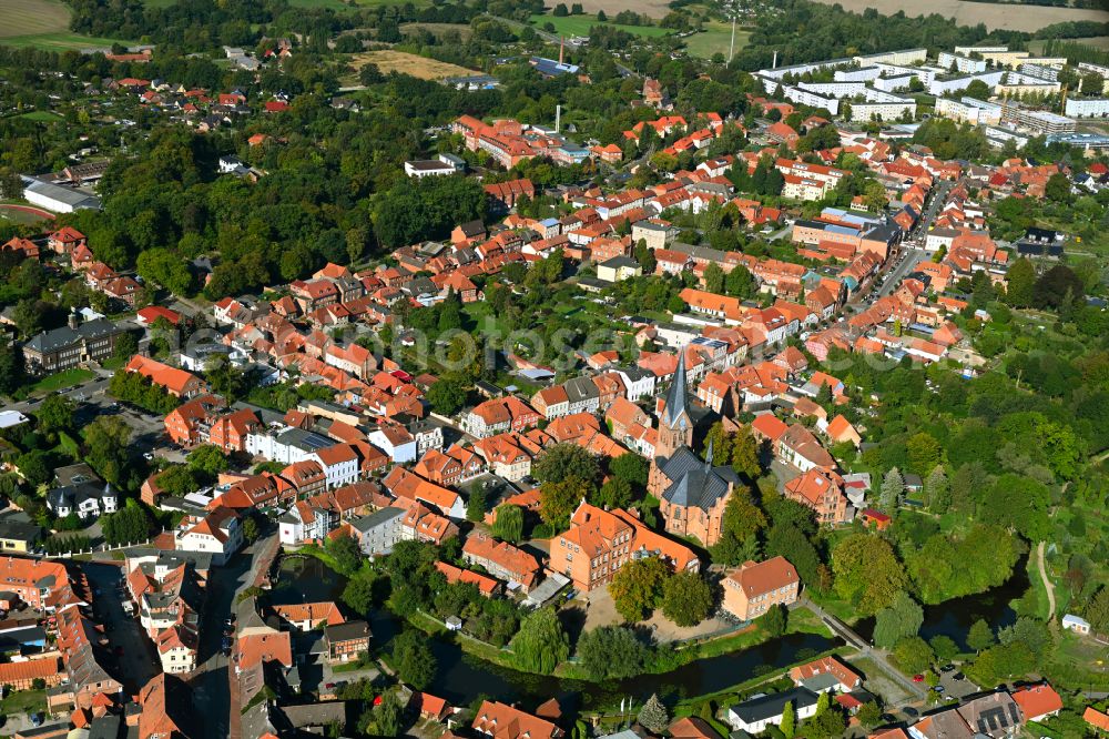 Hagenow from above - City view on down town along the Lange Strasse in Hagenow in the state Mecklenburg - Western Pomerania, Germany