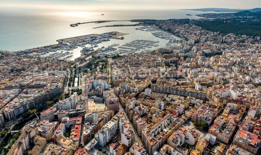 Aerial image Palma - City view of the city center at the seaside coastal area with port in Palma in Balearic island Mallorca, Spain