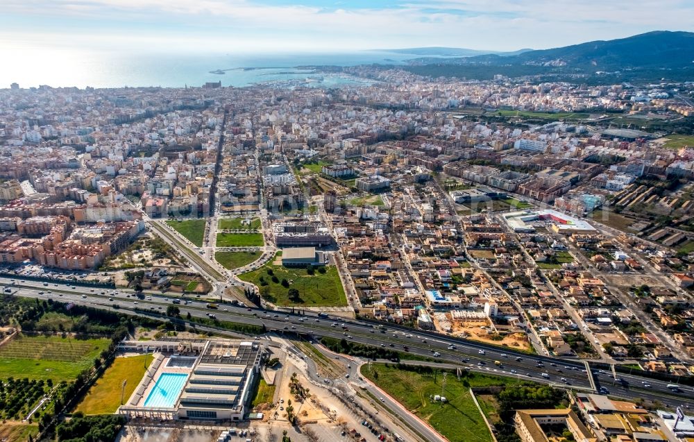 Palma from the bird's eye view: City view of the city center at the seaside coastal area in Palma in Balearic island Mallorca, Spain