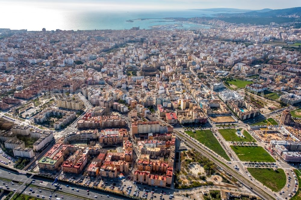 Aerial image Palma - City view of the city center at the seaside coastal area in Palma in Balearic island Mallorca, Spain