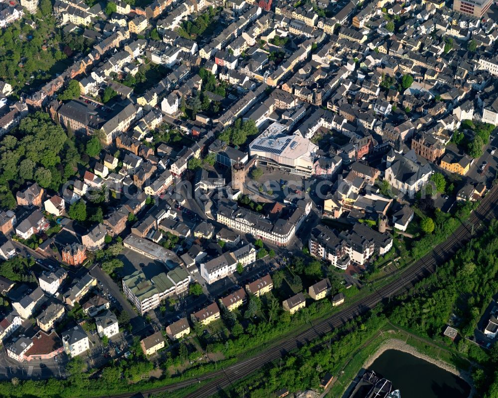 Aerial image Lahnstein - View of the town centre of Lahnstein in the state Rhineland-Palatinate. The town is located in the county district of Rhine-Lahn, at the mouth of the river Lahn into the river Rhine. The spa resort includes thermal spas and health centres and sits in the UNESCO world heritage site of Upper Middle Rhine Valley