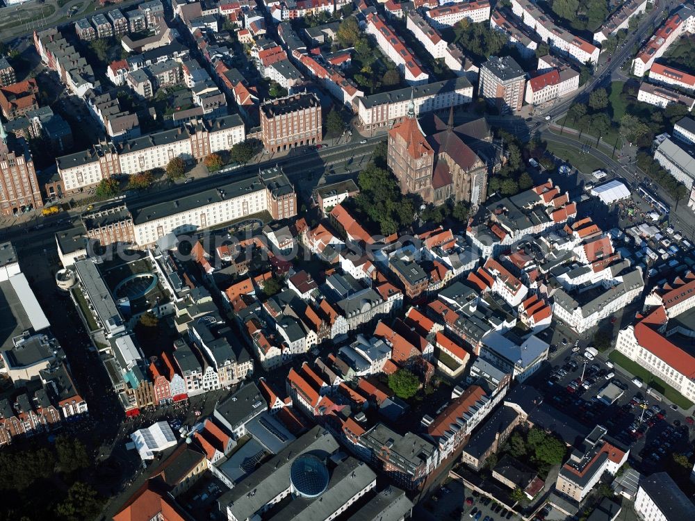 Rostock from above - Cityscape of downtown at St. Mary's Church, also known as St. Mary's Church at the Long Street in Rostock in Mecklenburg-Western Pomerania