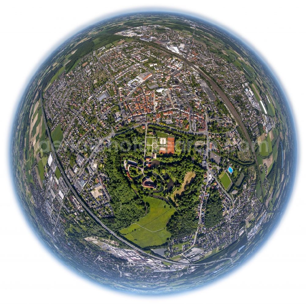 Aerial image Rheda-Wiedenbrück - Fish eye view of the city downtown with St. Mary's Church in Rheda-Wieden bridge in the state of North Rhine-Westphalia