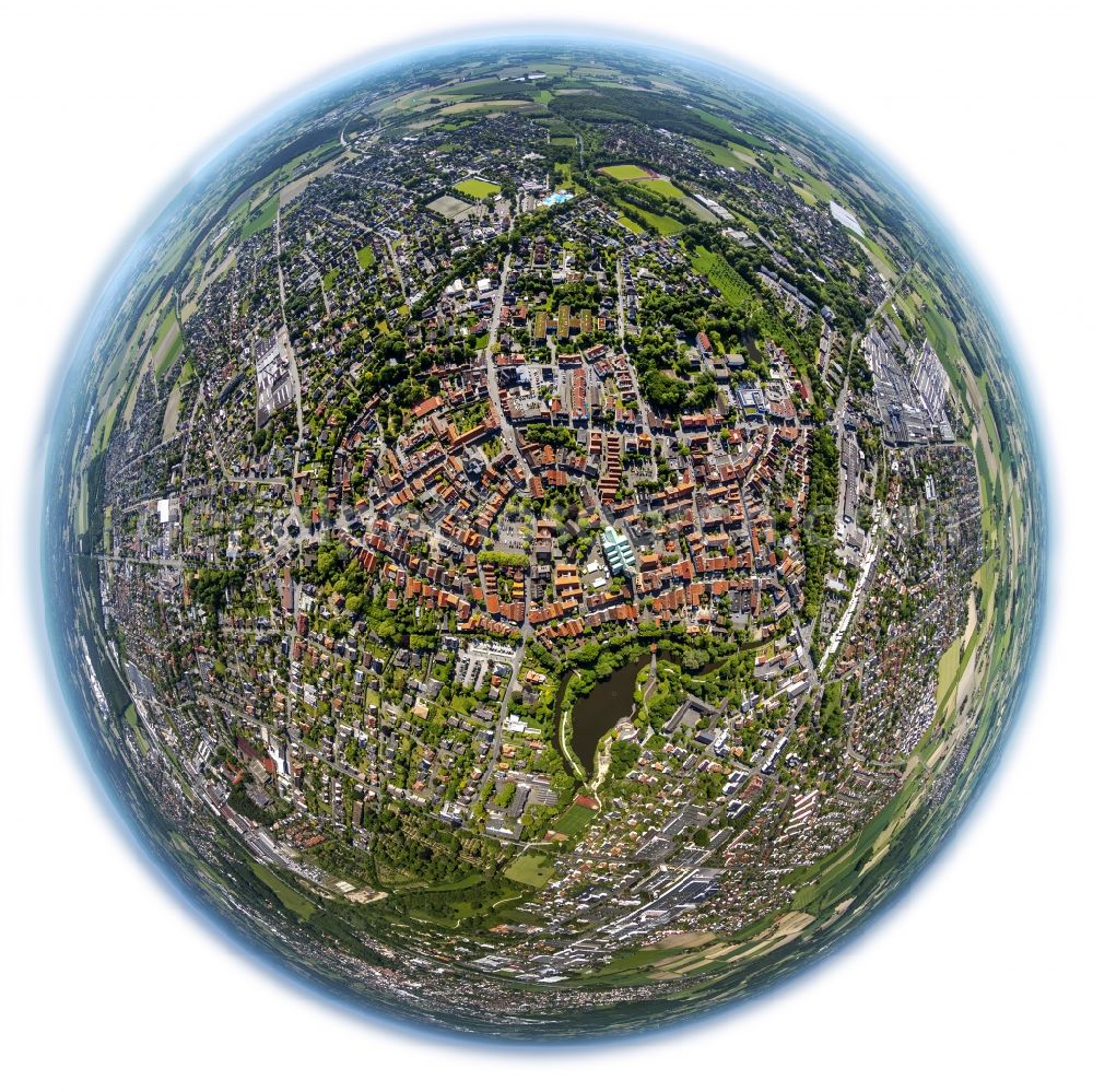 Aerial photograph Rheda-Wiedenbrück - Fish eye view of the city downtown with St. Mary's Church in Rheda-Wieden bridge in the state of North Rhine-Westphalia