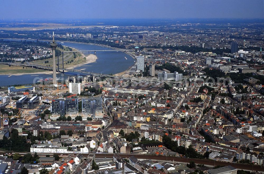 Düsseldorf from above - City view of the city on the Rhine bend with TV Tower and Parliament in Dusseldorf in North Rhine-Westphalia