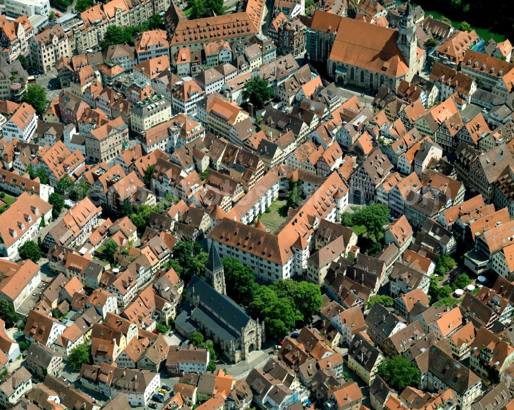 Tübingen from the bird's eye view: City view of the Old Town to the historic castle of Tübingen in Baden-Württemberg