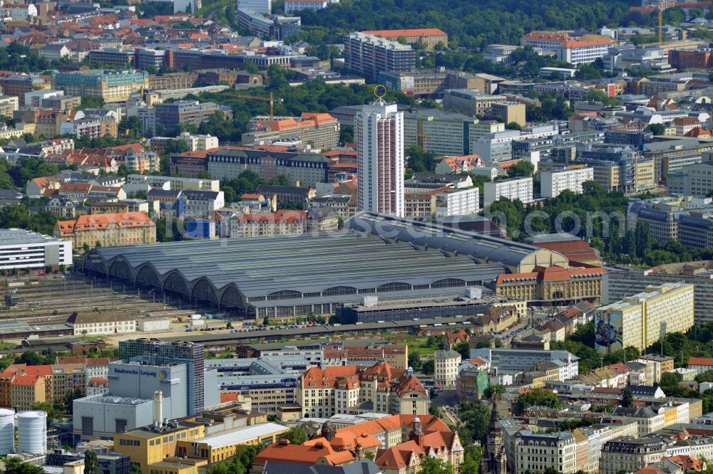 Leipzig from above - Cityscape of downtown area of ??the Saxon town with the old town - center at the main station of the Deutsche Bahn Leipzig in Saxony