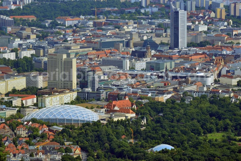 Aerial photograph Leipzig - Cityscape of downtown area of ??the Saxon town with the old town - center on MDR tower house and the construction of the giant tropical hall 'Gondwanaland' in the Leipzig Zoo