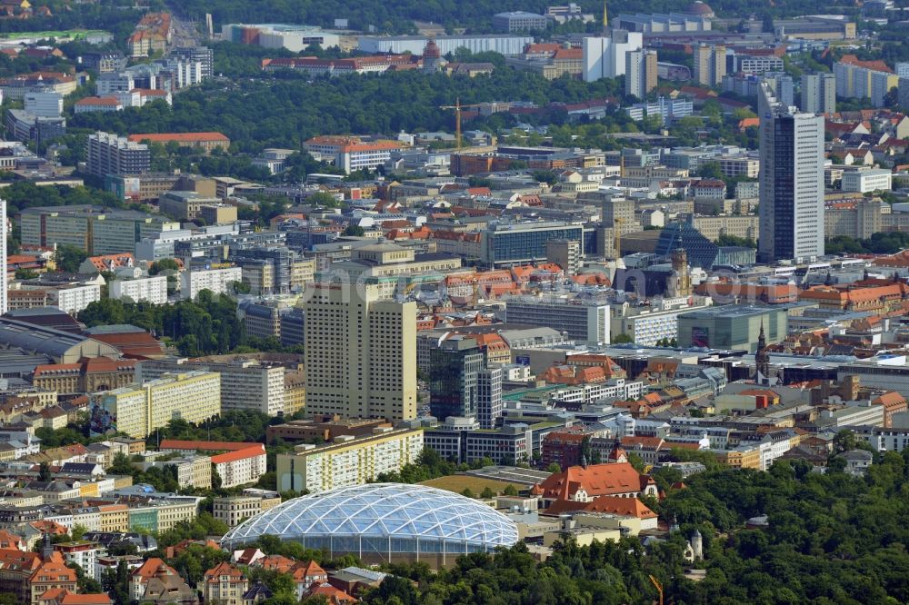 Leipzig from above - Cityscape of downtown area of ??the Saxon town with the old town - center on MDR tower house and the construction of the giant tropical hall 'Gondwanaland' in the Leipzig Zoo