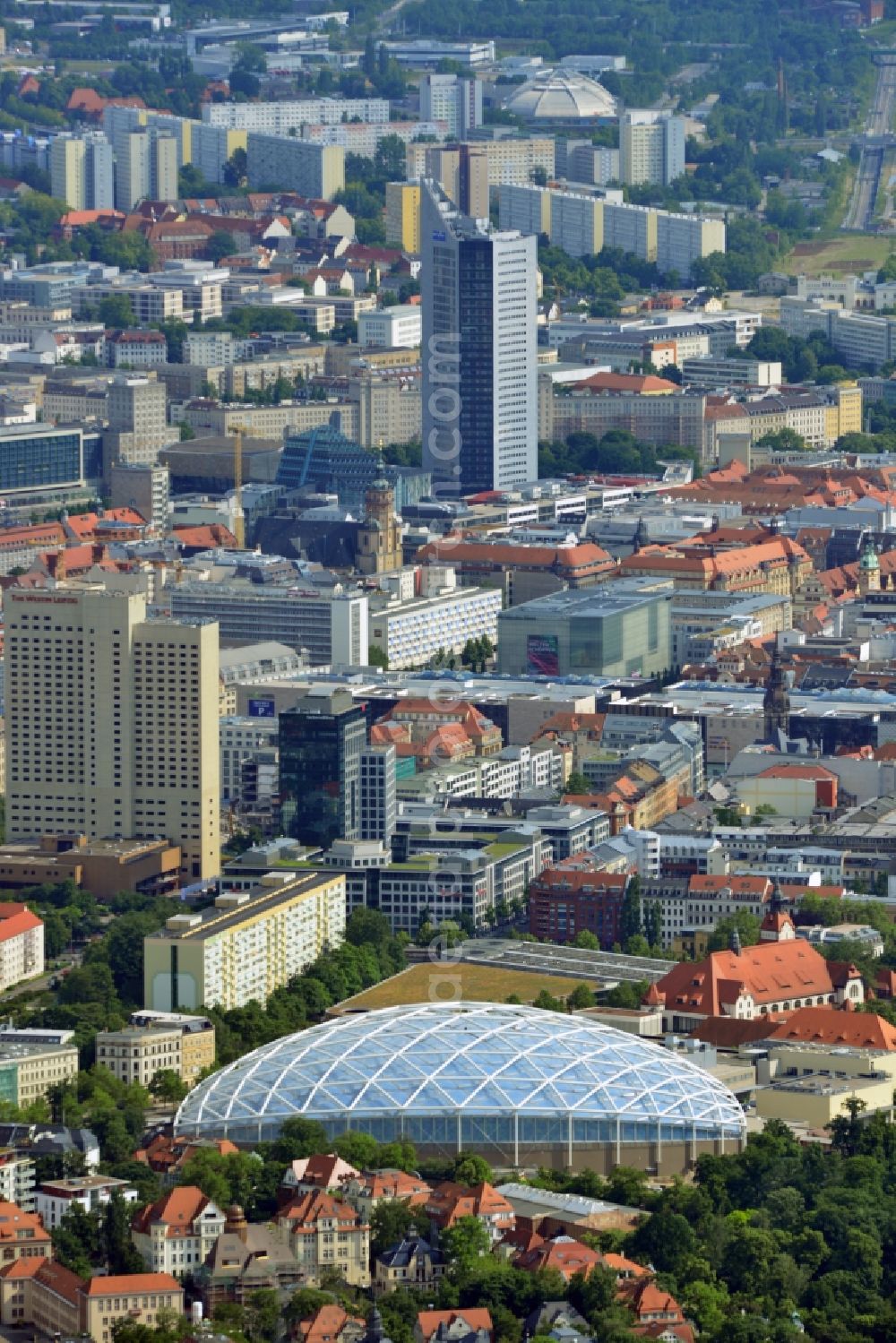 Aerial image Leipzig - Cityscape of downtown area of ??the Saxon town with the old town - center on MDR tower house and the construction of the giant tropical hall 'Gondwanaland' in the Leipzig Zoo