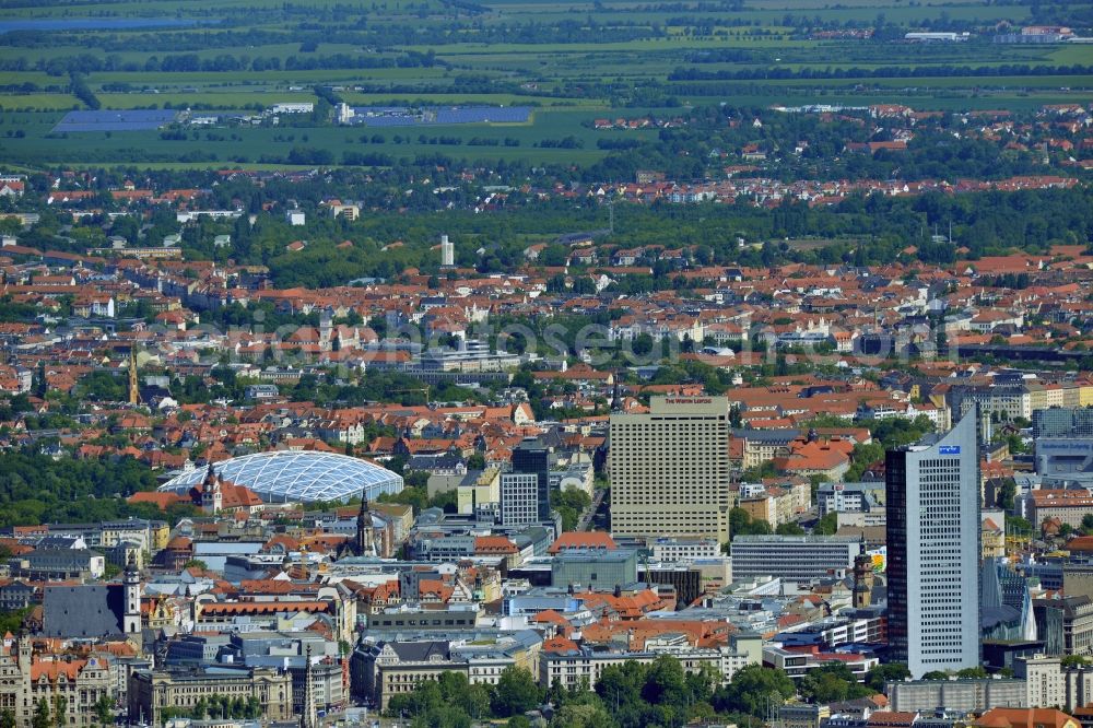 Leipzig from the bird's eye view: Cityscape of downtown area of ??the Saxon town with the old town - center on MDR tower house and the construction of the giant tropical hall 'Gondwanaland' in the Leipzig Zoo