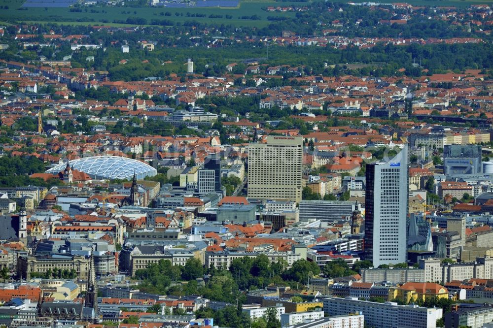 Aerial image Leipzig - Cityscape of downtown area of ??the Saxon town with the old town - center on MDR tower house and the construction of the giant tropical hall 'Gondwanaland' in the Leipzig Zoo