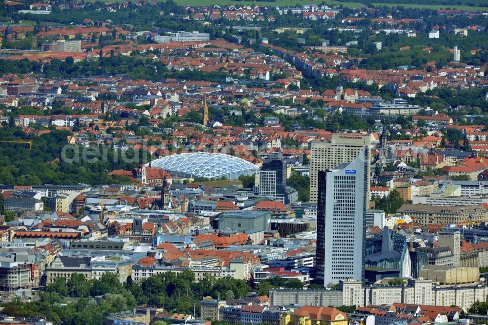 Leipzig from above - Cityscape of downtown area of ??the Saxon town with the old town - center on MDR tower house and the construction of the giant tropical hall 'Gondwanaland' in the Leipzig Zoo