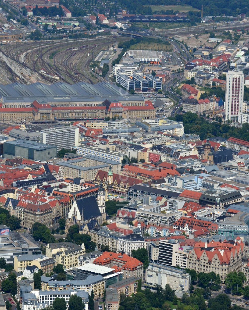 Leipzig from the bird's eye view: Cityscape of downtown area of ??the Saxon town with the old town - center on MDR tower house in leipzig in saxony