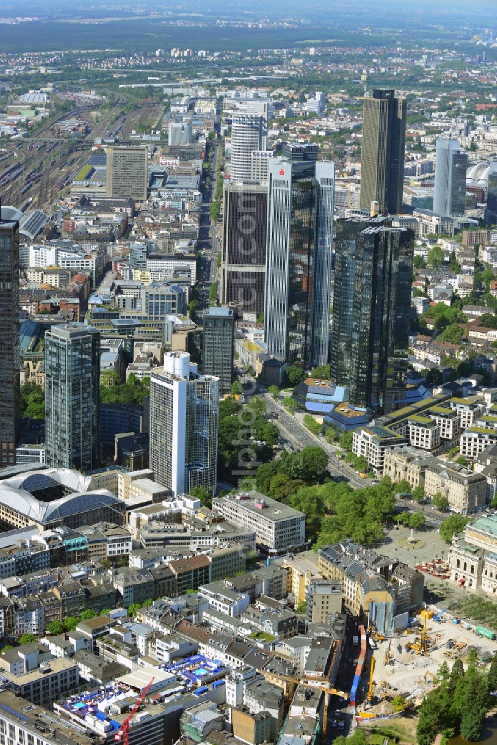 Aerial image Frankfurt am Main - Cityscape with the city - skyscraper - Skyline on banking and insurance district in Frankfurt am Main in Hesse