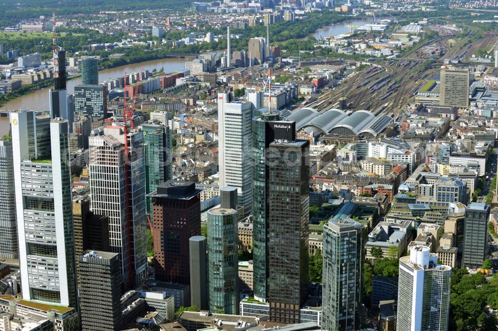 Aerial photograph Frankfurt am Main - Cityscape with the city - skyscraper - Skyline on banking and insurance district in Frankfurt am Main in Hesse