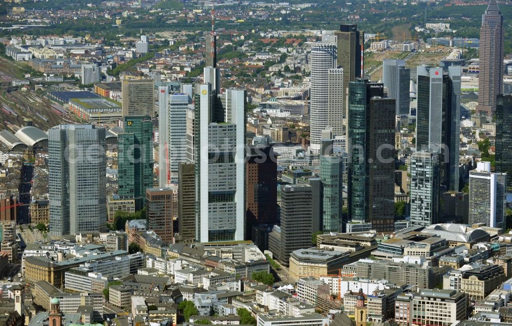 Aerial image Frankfurt am Main - Cityscape with the city - skyscraper - Skyline on banking and insurance district in Frankfurt am Main in Hesse