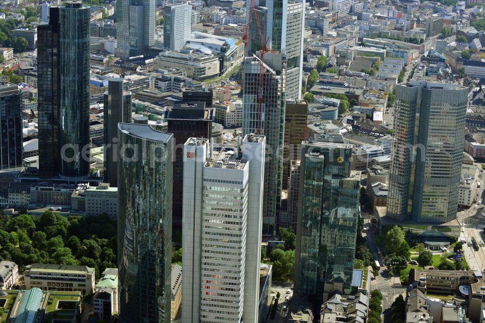 Aerial photograph Frankfurt am Main - Cityscape with the city - skyscraper - Skyline on banking and insurance district in Frankfurt am Main in Hesse