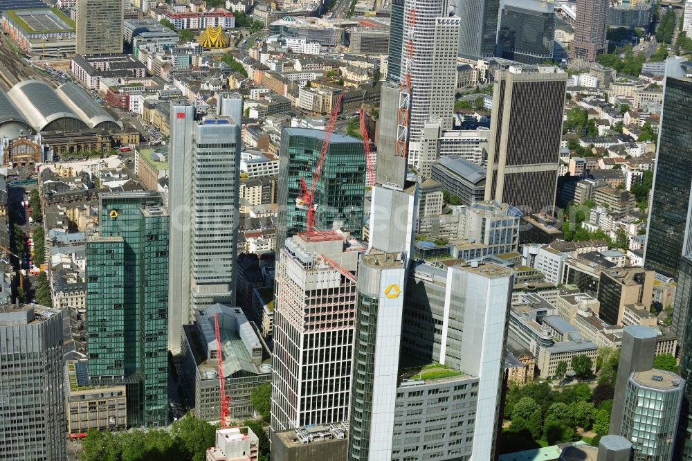 Frankfurt am Main from the bird's eye view: Cityscape with the city - skyscraper - Skyline on banking and insurance district in Frankfurt am Main in Hesse