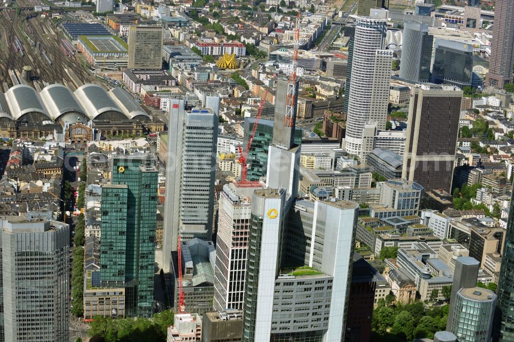 Aerial image Frankfurt am Main - Cityscape with the city - skyscraper - Skyline on banking and insurance district in Frankfurt am Main in Hesse