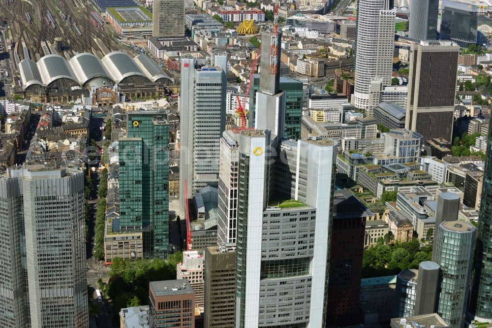 Aerial photograph Frankfurt am Main - Cityscape with the city - skyscraper - Skyline on banking and insurance district in Frankfurt am Main in Hesse