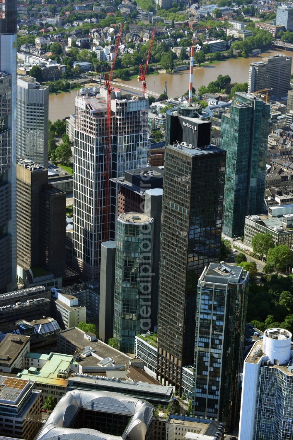 Frankfurt am Main from the bird's eye view: Cityscape with the city - skyscraper - Skyline on banking and insurance district in Frankfurt am Main in Hesse