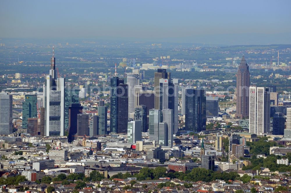 Frankfurt am Main from the bird's eye view: Cityscape with the city - skyscraper - Skyline on banking and insurance district in Frankfurt am Main in Hessen