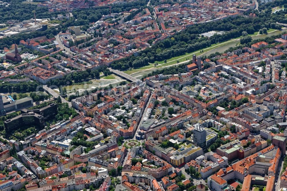 Aerial photograph München - City view of the city area of in Munich Ludwigsvorstadt- Isarvorstad in the state Bavaria, Germany