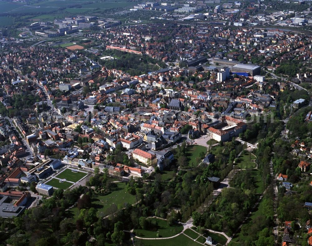 Aerial image Weimar - Cityscape downtown Weimar and parts of Ilmparkes. The city was 1999, the European City of Culture / Cultural Capital of Europe / European Capital of Culture. Prominent buildings are the Hochschule fuer Musik Franz Liszt and the Duchess Anna Amalia Library, the Schloss Weimar / Royal Palace, the Church of St. Peter and Paul / Herder Church and the New Museum on the upper right of the screen