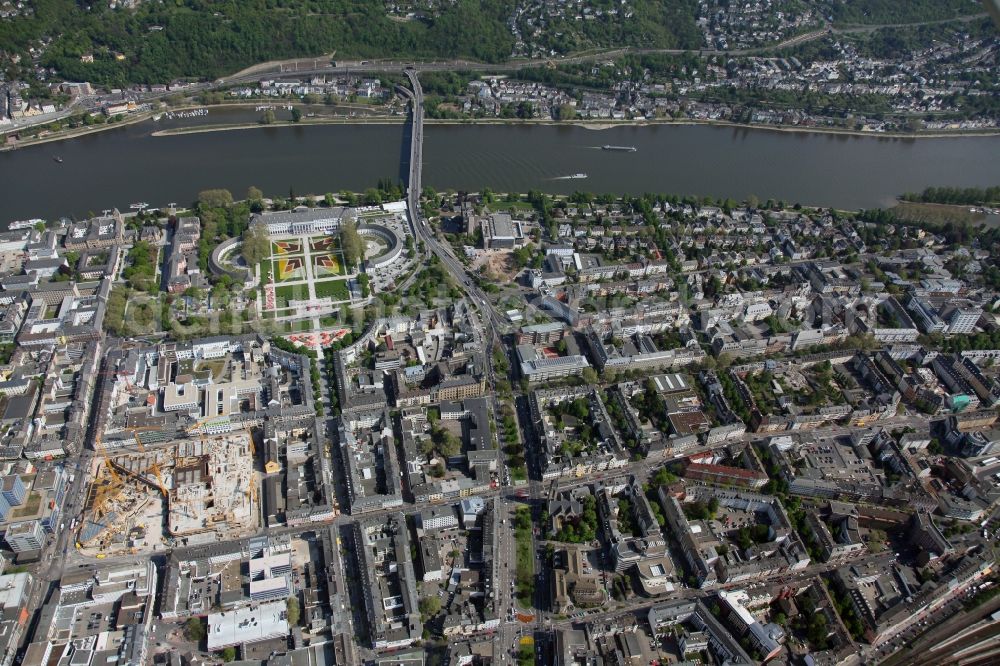 Aerial photograph Koblenz OT Pfaffendorf - City view from the downtown center in the southern suburb on the banks of the Rhine in Koblenz in Rhineland-Palatinate