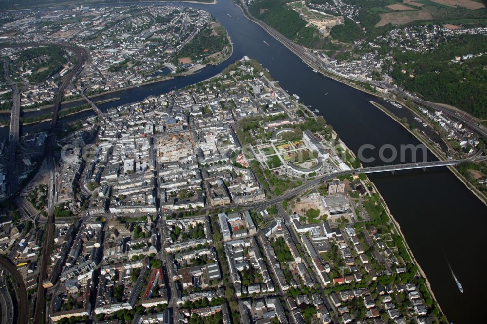 Aerial image Koblenz OT Pfaffendorf - City view from the downtown center in the southern suburb on the banks of the Rhine in Koblenz in Rhineland-Palatinate