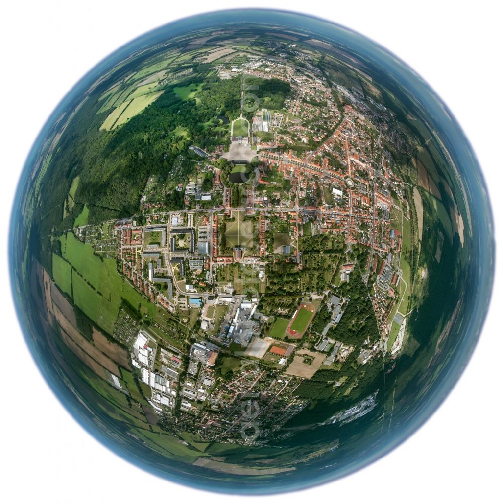 Aerial photograph Ludwigslust - Fisheye view of the city center on the road to the castle baroque castle in Ludwigslust in Mecklenburg-Western Pomerania