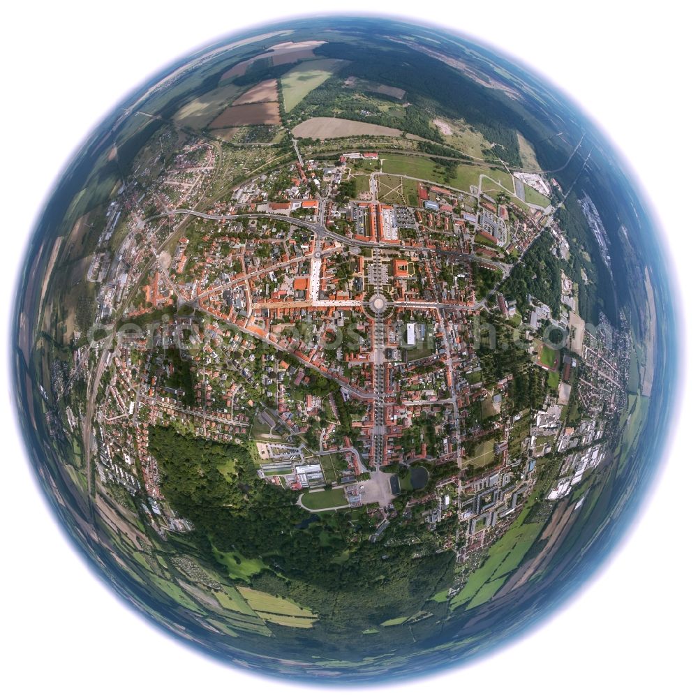 Ludwigslust from above - Fisheye view of the city center on the road to the castle baroque castle in Ludwigslust in Mecklenburg-Western Pomerania