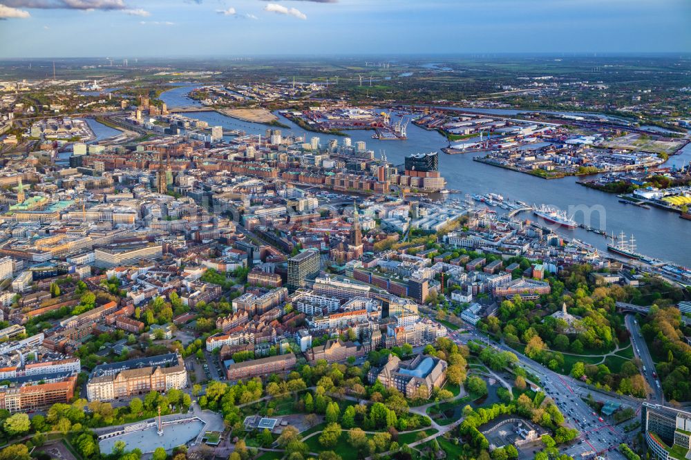 Hamburg from above - City view on down town in the district Altstadt in Hamburg, Germany