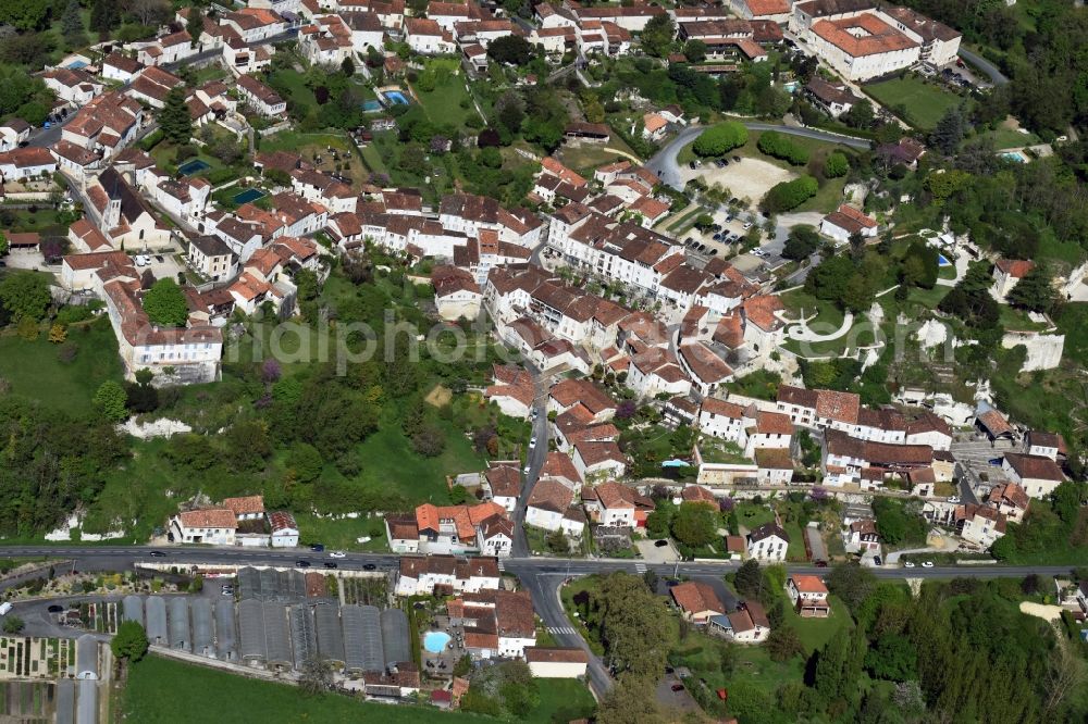 Aubeterre-sur-Dronne from the bird's eye view: City view of the city area of in Aubeterre-sur-Dronne in Aquitaine Limousin Poitou-Charentes, France