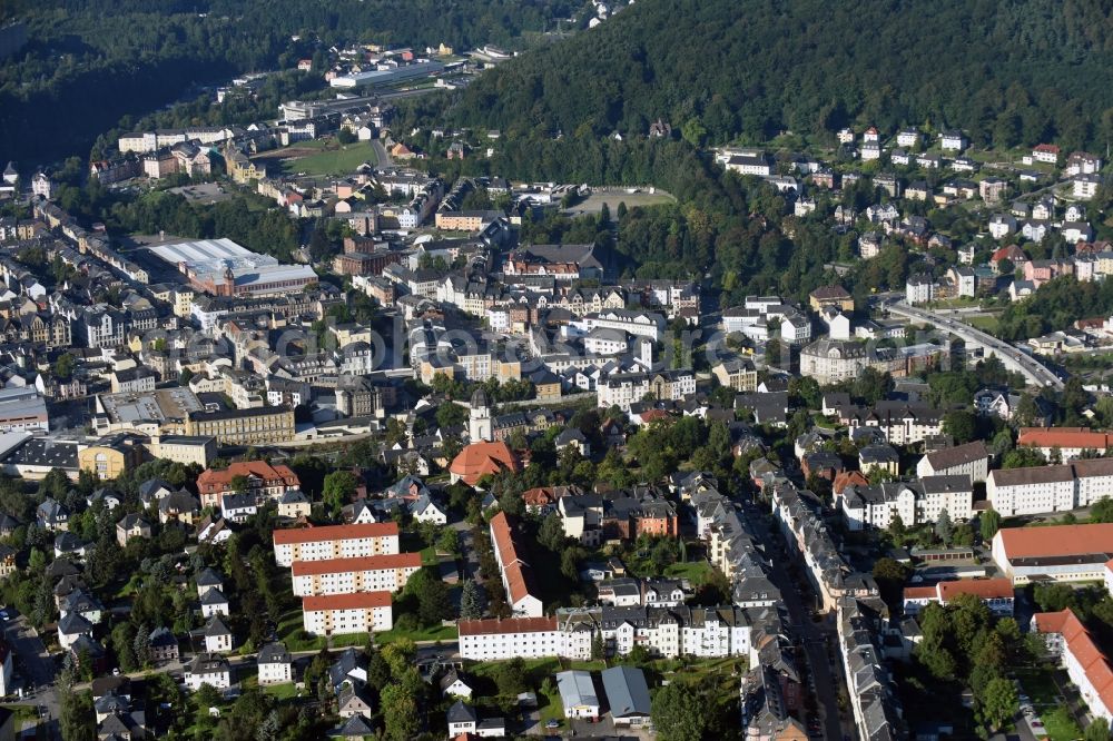 Aue from above - City view of the city area of in Aue in the state Saxony