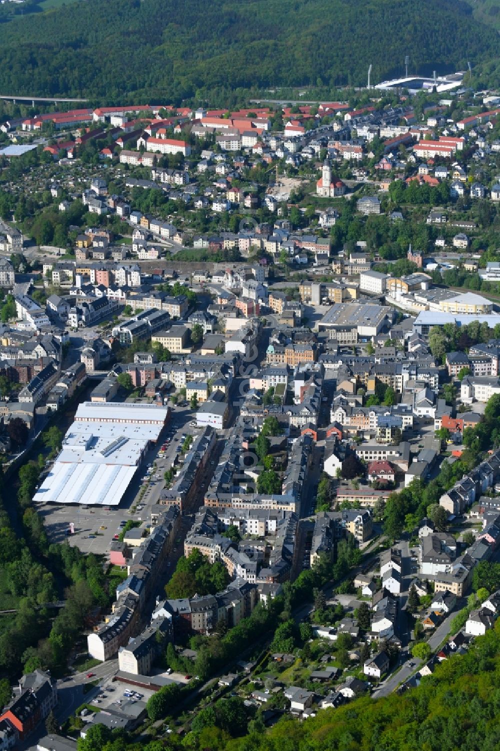 Aue from above - City view of the city area of in Aue in the state Saxony, Germany