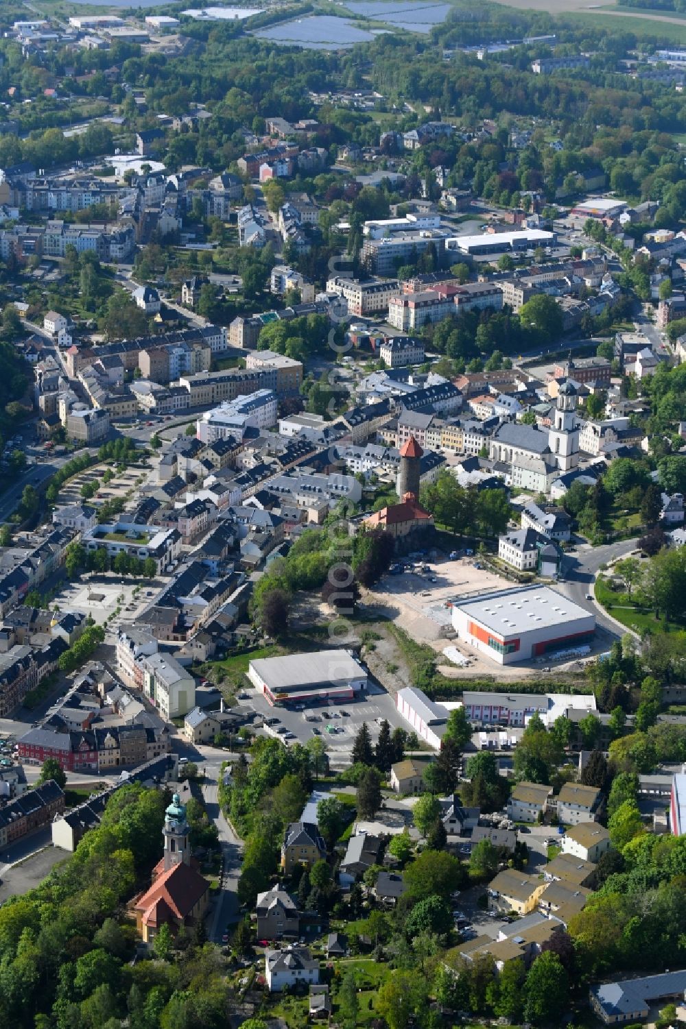 Auerbach from above - City view of the city area of in Auerbach in the state Saxony, Germany