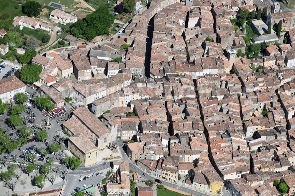 Aups from the bird's eye view: City view of the city area of in Aups in Provence-Alpes-Cote d'Azur, France