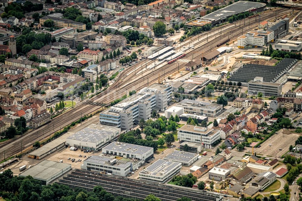 Aerial image Bruchsal - City view on down town at the train station in Bruchsal in the state Baden-Wurttemberg, Germany