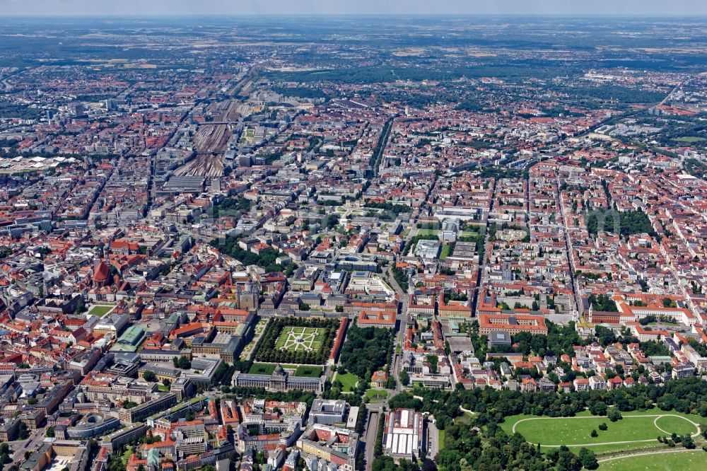 München from above - City area with outside districts and inner city area in Munich in the state Bavaria, Germany