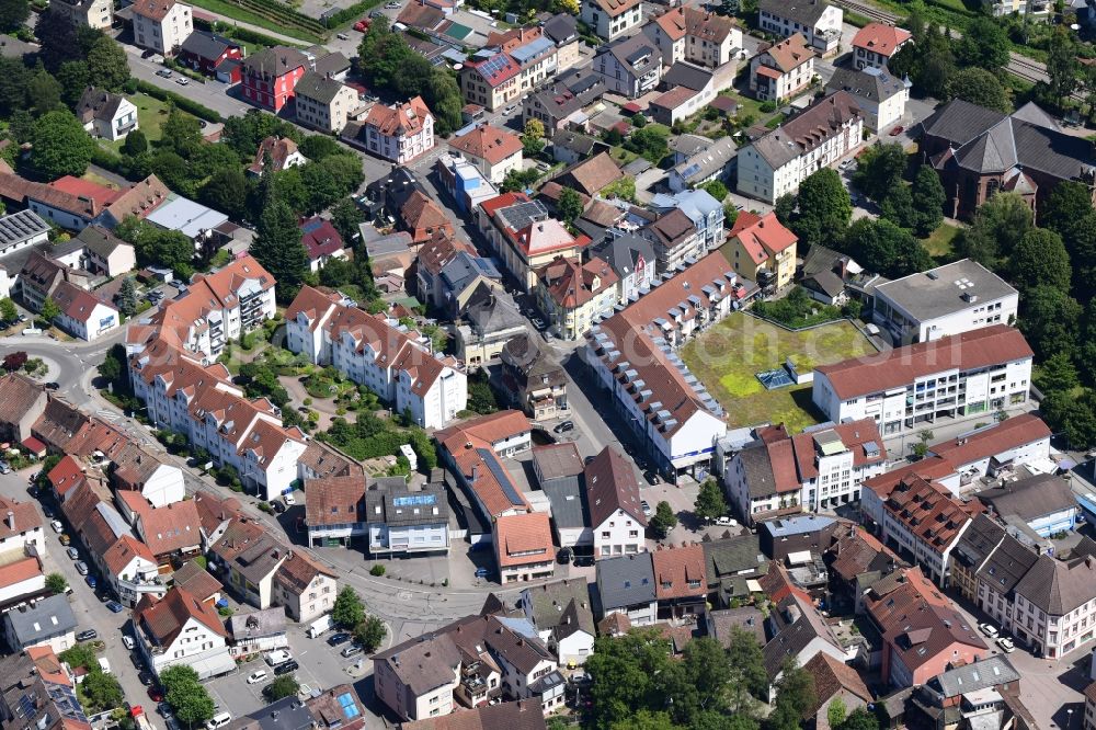 Schopfheim from above - City view on down town at the Pflug area and retirement home Schaerers Au in Schopfheim in the state Baden-Wurttemberg, Germany