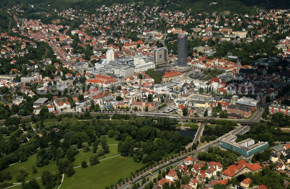 Jena from the bird's eye view: City view on down town overlooking the Intershop-Tower in Jena in the state Thuringia, Germany