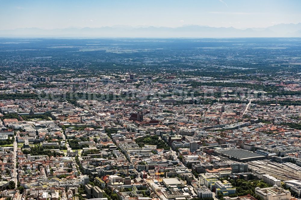 Aerial image München - City view on down town with Blick Richtung Sueden bei schoenem Wetter and Bergpanorama in Munich in the state Bavaria, Germany