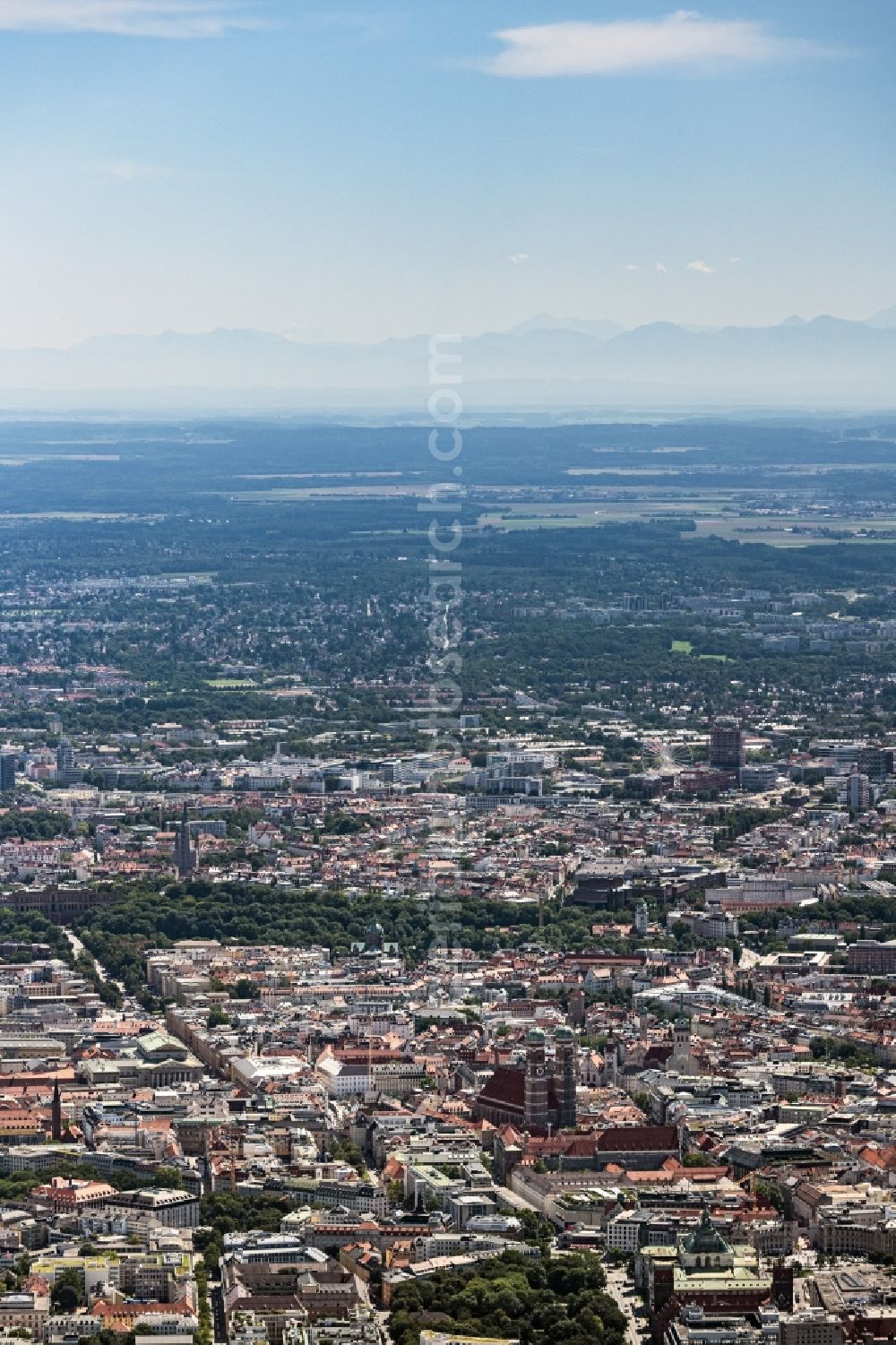 München from above - City view on down town with Blick Richtung Sueden bei schoenem Wetter and Bergpanorama in Munich in the state Bavaria, Germany