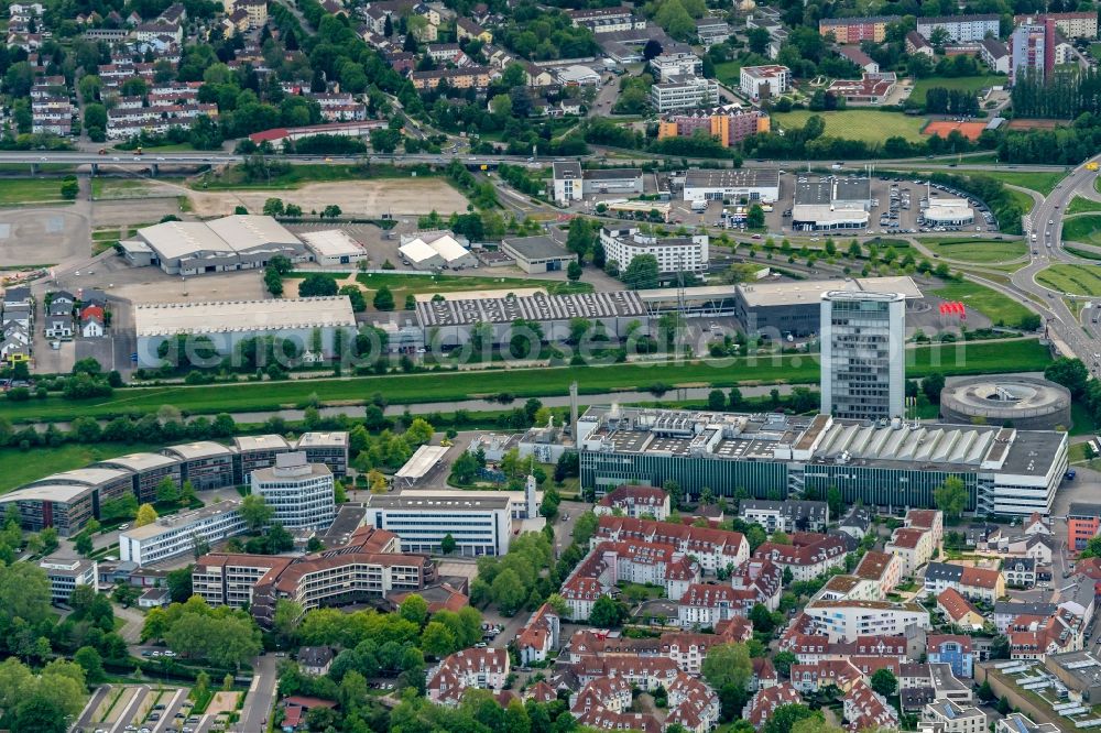 Offenburg from above - City view on down town Mit Burda Medien and Messegelaende in Offenburg in the state Baden-Wurttemberg, Germany