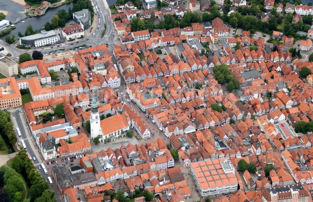 Celle from above - City view from the center of in Celle in the state Lower Saxony ans Church St. Marien