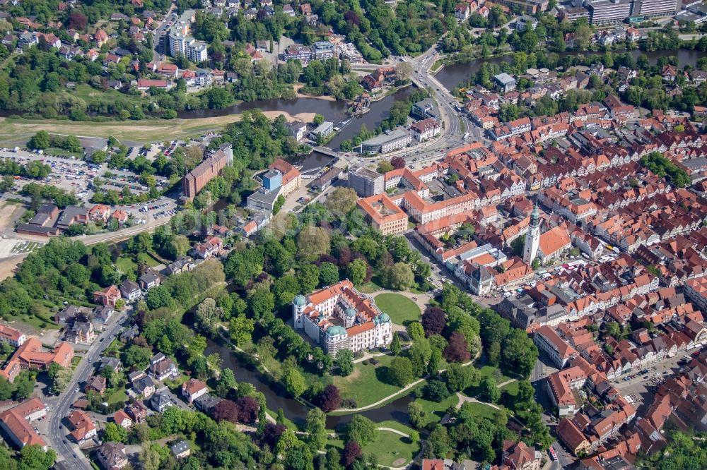 Celle from above - City view from the center of in Celle in the state Lower Saxony ans Church St. Marien