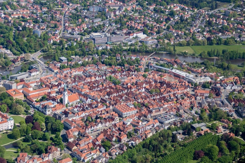 Celle from above - City view from the center of in Celle in the state Lower Saxony ans Church St. Marien