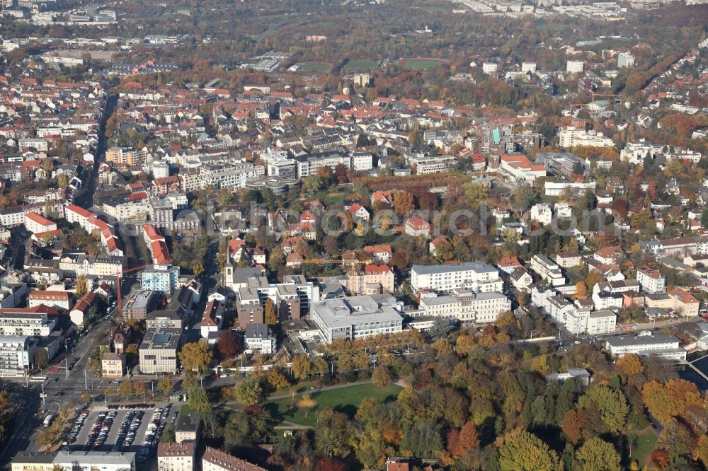 Darmstadt from the bird's eye view: City view of the city area of in Darmstadt in the state Hesse. In the middle: the buildings of the Agaplesion Elisabethen Medizinisches Versorgungzentrum gGmbH